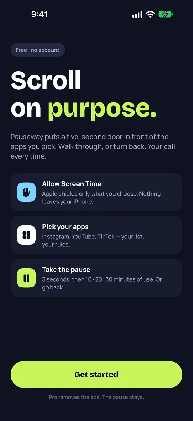 Pauseway welcome screen: Scroll on purpose